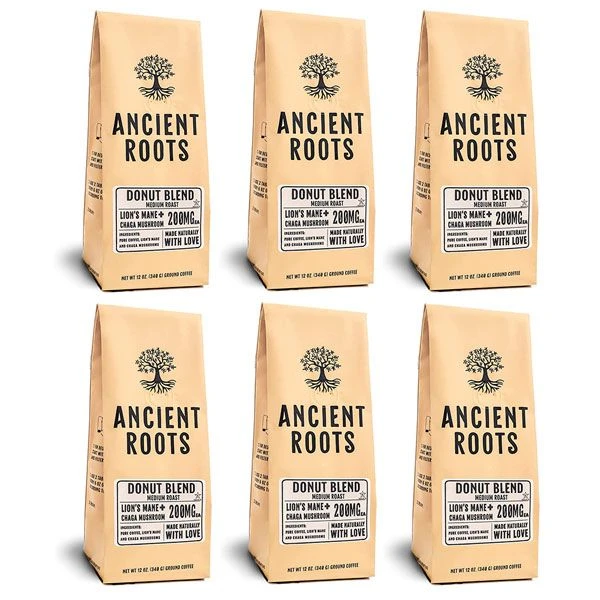 Ancient Roots Donut Shop Medium Roast Flavored Mushroom Ground Coffee6/12 Oz Bags