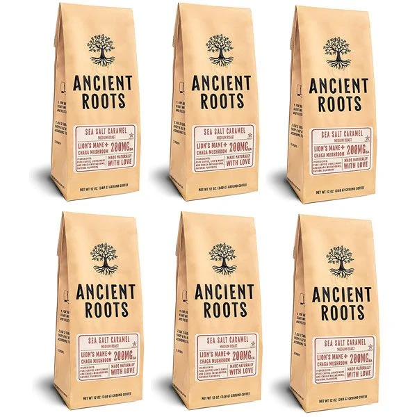 Ancient Roots Sea Salted Caramel Flavored Mushroom Medium Roast Ground Coffee, 6/12 Oz Bags
